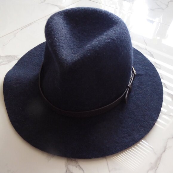 GAP Vintage 90s UNISEX 100% Wool Wide Brim Fedora Blue Sun Hat M/L - Picture 9 of 10